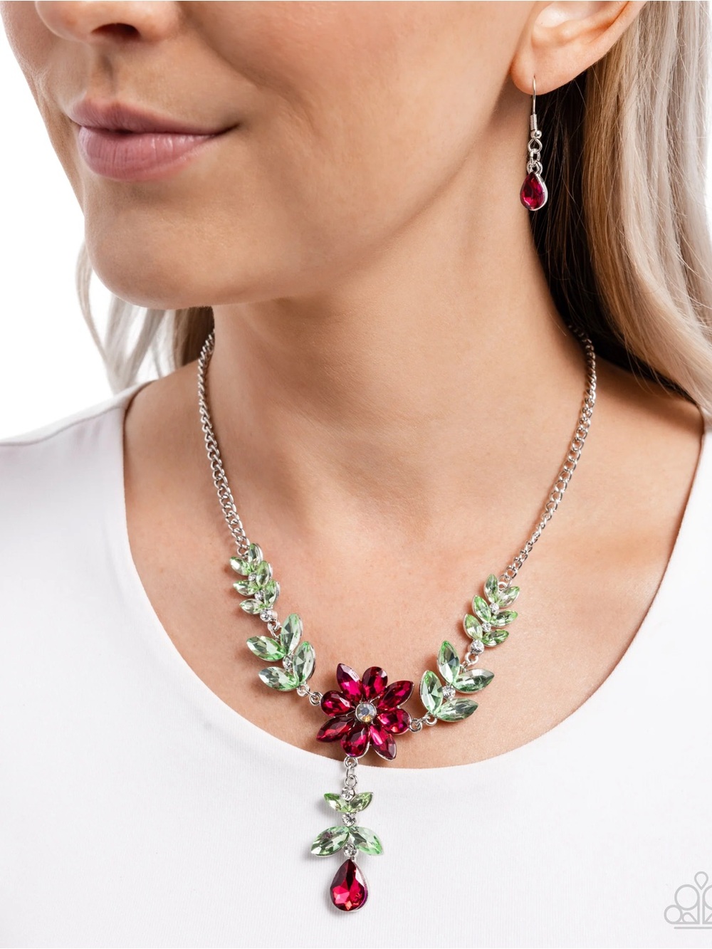 paparazzi Pink and Light Green Floral Crystal Necklace